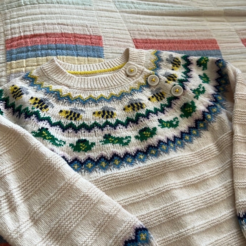Baby Boden Fair Isle Sweater in Oatmeal Marl Frogs.